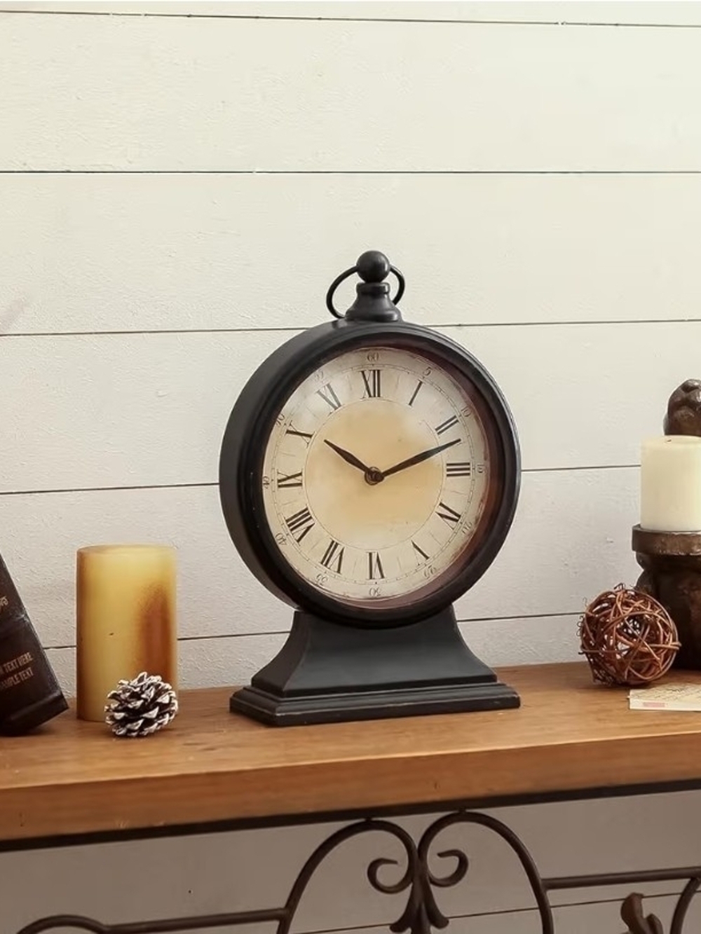 Antique-Style Round Table Clock in Black and Cream - Picture 6 of 8